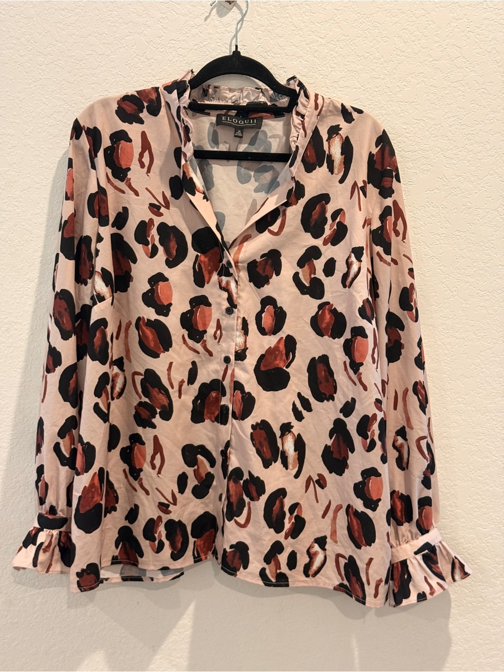 Eloquii Blush Pink Leopard-Print Ruffle Cuff‎ Blouse